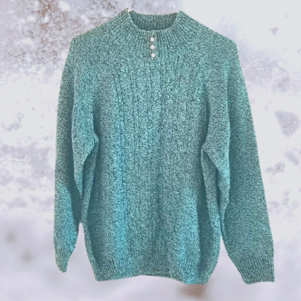 Karen Scott Mock Neck Cable Knit Sweater Aqua Blue
